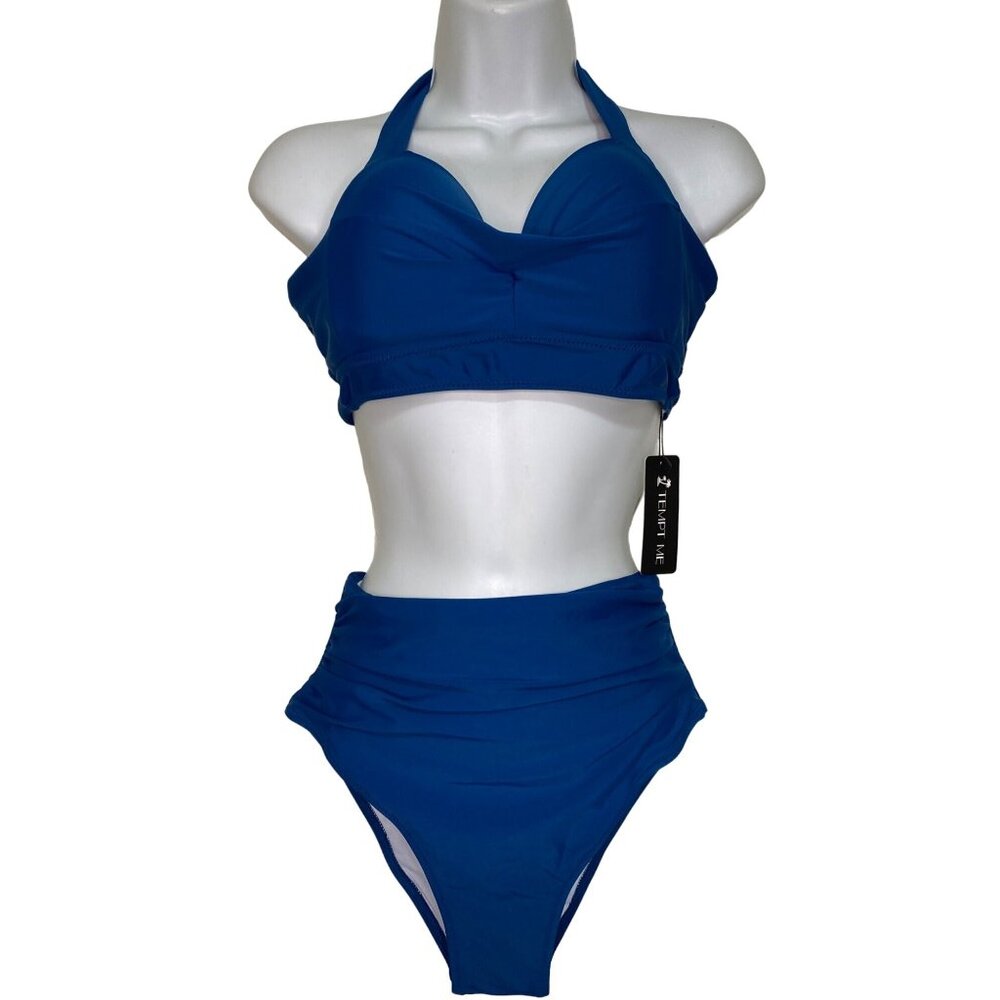 Blue High-Waist Halter Bikini - Unbranded